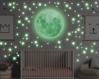 Glow In The Dark Full Moon And Star Wall Sticker - Bedroom Ceiling Decoration Large Glowing Decal - Big Luminous Light For Kid Room Decor