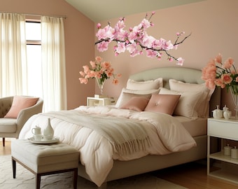Delicate Cherry Blossom Branch Wall Decal - Serene Nursery Vinyl Sticker - Elegant Pink Floral Branch Wall Art for Home Decor