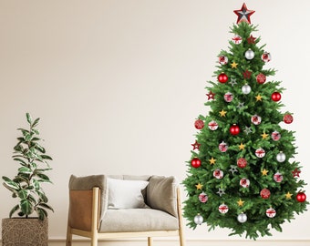 Décalque de vinyle de mur d'arbre de Noël - décoration d'autocollant d'ornements de grand pin pour la chambre d'enfants de vie - décor mural amovible de vacances de bâton de peau