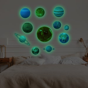 Glow In The Dark Planet Wall Decals - Solar System Glowing Sticker For Ceiling - Galaxy Kid Room Decor - 3d Outer Space Light Boy Decoration