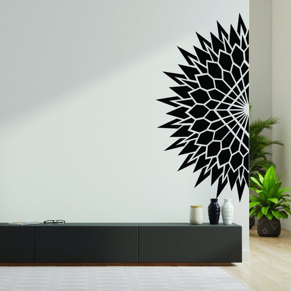 Half Geometric Mandala Wall Corner Decal - Modern Living Room Vinyl Art - Yoga Studio Meditation Decor - Bedroom Headboard Sticker