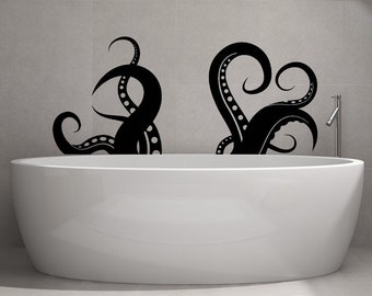 Octopus Tentacles Vinyl Wall Art Sticker - Bathroom Ocean Sea Creature Decor Die Cut Decal - Bathtub Squid Kraken Monster Silhouette Animal