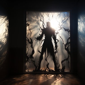 May include: A shadowy figure stands in a doorway, surrounded by dark, swirling tendrils. Light streams in from behind the figure, creating a dramatic silhouette.