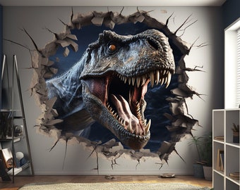 Adhesivo de pared artístico de dinosaurios 3D, decoración de vinilo con efecto de ilusión rota, ojo de buey de dinosaurio para despegar y pegar, mural agrietado para entusiastas del bricolaje