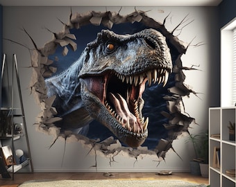 3D Dinosaurs Art Wall Sticker - Vinyl Decor with Broken Illusion Effect - Peel-and-Stick Dino Porthole - Cracked Mural for DIY Enthusiasts