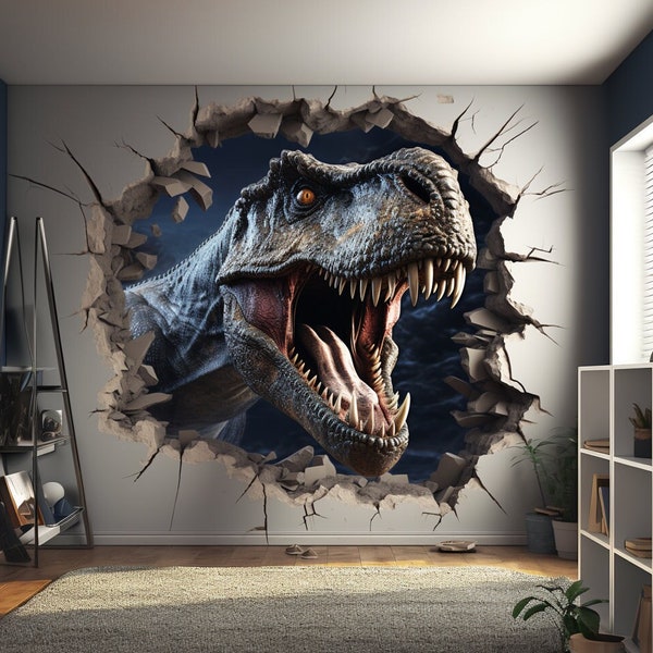 3D Dinosaurs Art Wall Sticker - Vinyl Decor with Broken Illusion Effect - Peel-and-Stick Dino Porthole - Cracked Mural for DIY Enthusiasts