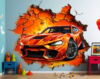 Sticker mural 3D voiture de pompier - Décalcomanie dynamique de fissures dans le trou - Déco murale voiture cassée cassée pour chambre de garçon - Sticker voiture de sport