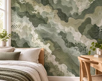 Military Camouflage Topographic Wallpaper | Self Adhesive Vinyl Wall Mural | Army Green Bedroom Accent Wall Decor | Tactical Map Pattern
