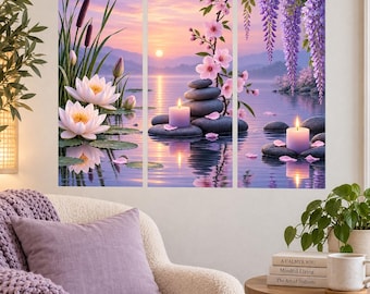 Zen Spa Wall Decal | Lotus Wisteria Triptych Wall Sticker | Meditation Room Decor | Purple Floral Wall Art | Relaxing Bedroom Wall Decor Set