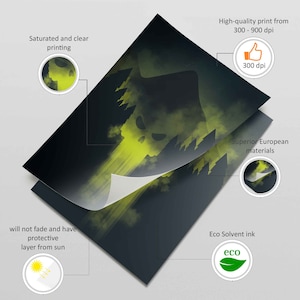 May include: A dark green and yellow digital art print of a skull in a forest. The print is printed on high-quality paper with eco-friendly ink and has a protective layer to prevent fading.