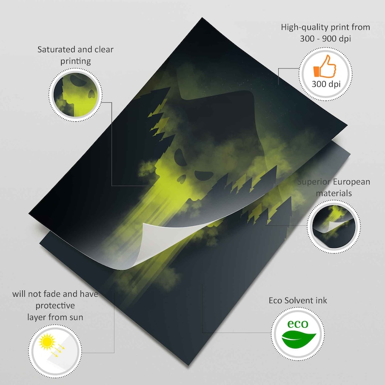 May include: A dark green and yellow digital art print of a skull in a forest. The print is printed on high-quality paper with eco-friendly ink and has a protective layer to prevent fading.