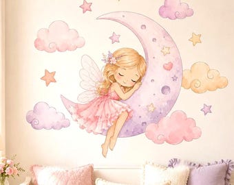 Sleeping Fairy Moon Wall Decal | Watercolor Fairy Wall Sticker | Girls Nursery Decor | Crescent Moon Wall Art | Kids Bedroom Wall Decoration