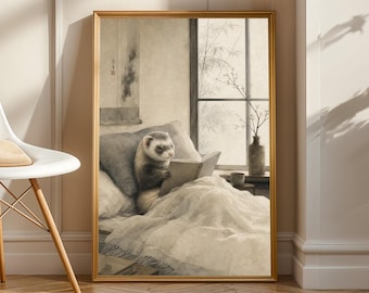 Mitt Ferret Reading in Bed Poster | Japanese Zen Sumi-e Ferret Wall Art | Warm Ivory Fog Gray Decor | Minimalist Bedroom Print