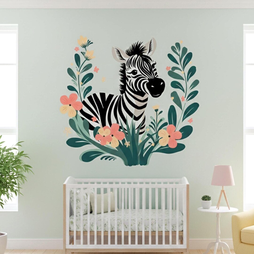 Boho Zebra Wall Decal | Floral Safari Nursery Decor | Zebra Art Print ...