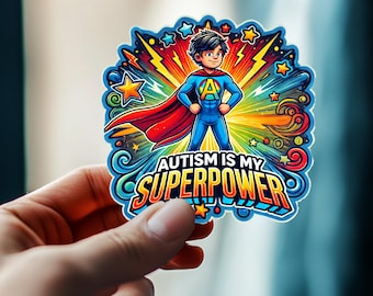 May include: A colorful sticker featuring a cartoon superhero with a red cape and the text "Autism is my superpower".