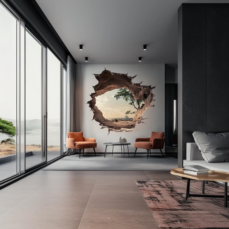3D Cracked Wall Decal | Realistic Nature View Wall Sticker | Optical ...