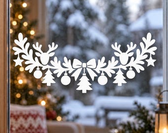 Christmas Reindeer Garland Window Decal | White Holiday Window Sticker | Winter Glass Decor | Scandinavian Style | Vinyl Christmas Decor