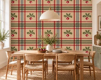 Radish Plaid Self Adhesive Vinyl Wallpaper | Farmhouse Kitchen Wall Mural | Cottagecore Vegetable Wall Covering | Vintage Country Decor Art