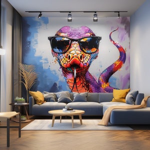 May include: A vibrant wall mural showcasing a snake wearing sunglasses. The snake is rendered in a vivid palette of purple, orange, yellow, and blue. The artwork is set against a backdrop of abstract paint splatters, creating a modern and eye-catching design.