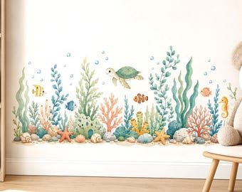 Watercolor Ocean Wall Decal with Sea Turtle and Fish | Underwater Nursery Wall Sticker | Coral Reef Kids Room Decor | Vinyl | Coral Reef Art