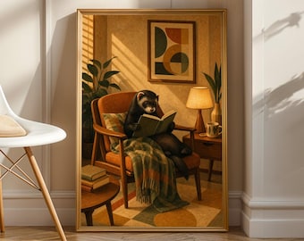 Black Sable Ferret Reading Armchair Poster | Retro Painterly Ferret Wall Art | Warm Cream Brown Decor | Cozy Mid Century Living Room Print