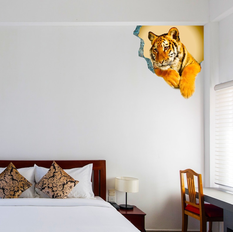 3d Tiger Sticker - Tiger Porthole Decoration Wall Decal For Bedroom- Boy Room Optical Illusion Of Crack - The Peel And Stick Kid Art image 4