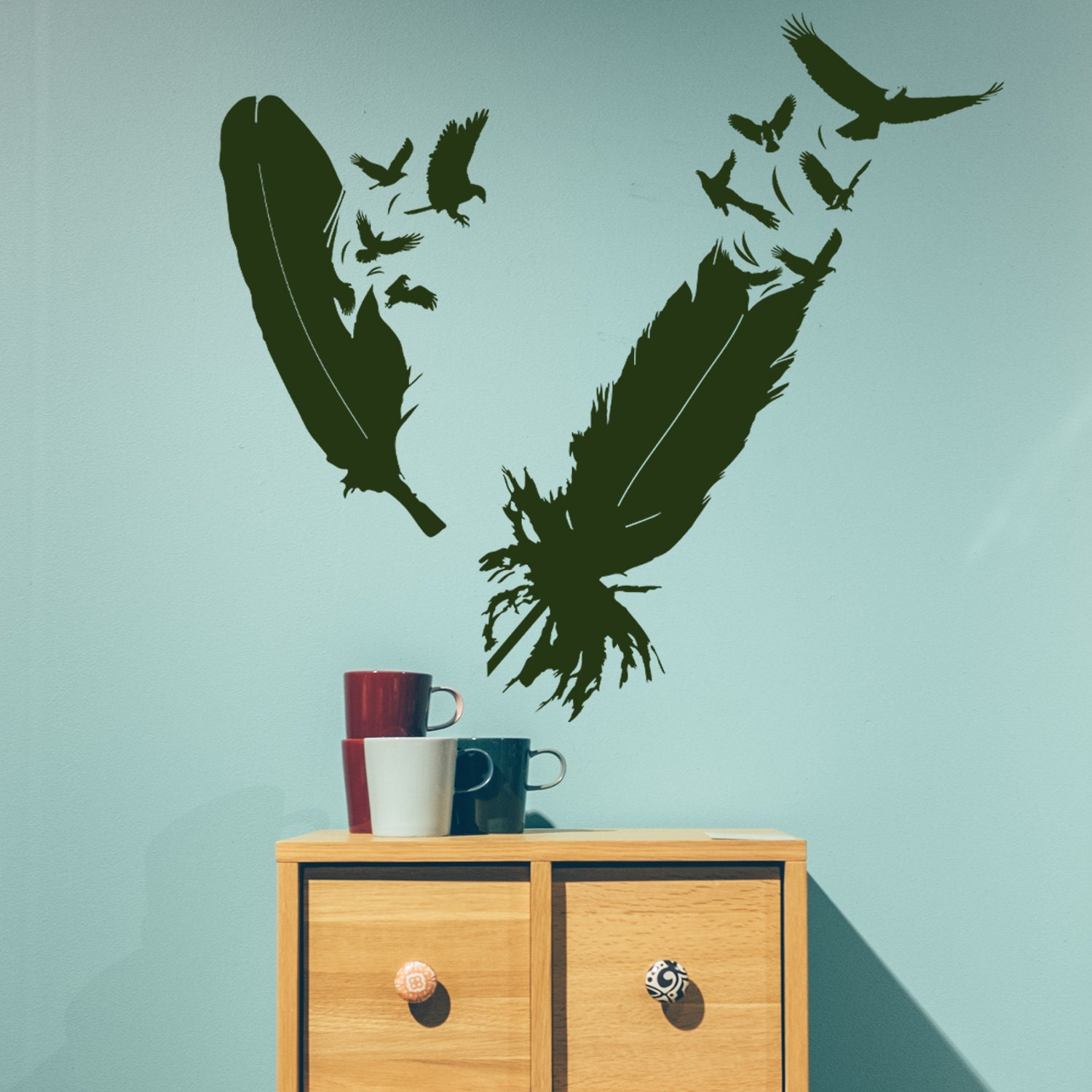 Bird Feather Wall Vinyl Sticker - Eagle Decor Flying Home Art Magic Nib ...