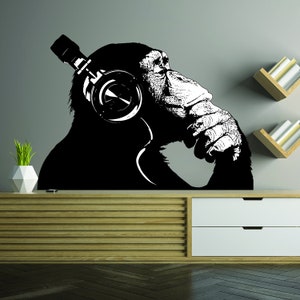 Banksy Wall Decal Thinking Monkey Art Sticker Dj Chimp The Thinker Gorilla With Headphones Home Decals Street Art Graffiti Mural Print image 9