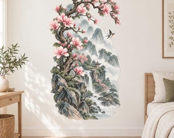 Pink Magnolia Mountain Wall Decal | Watercolor Waterfall Landscape Wall Sticker | East Asian Inspired Bedroom Decor | Vinyl Wall Decor Zen