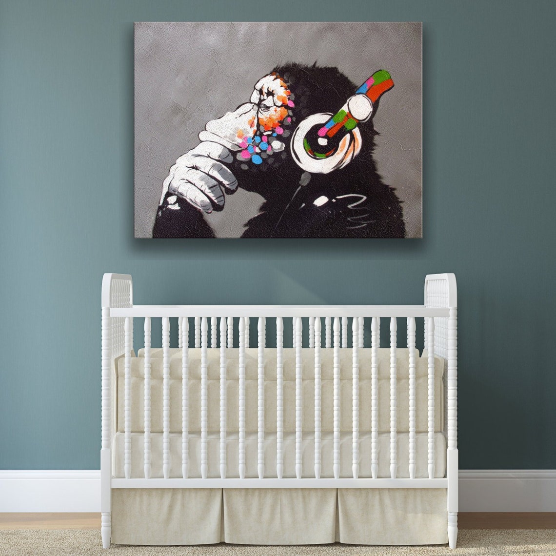 Thinking Monkey Headphones Canvas Wall Art Print Banksy Dj | Etsy
