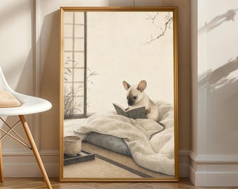 Siamese Mouse Reading in Bed Poster | Japanese Sumi e Ink Wash Wall Art | Warm Ivory and Fog Gray Illustration | Zen Bedroom Decor | Ink Art