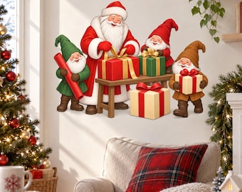 Santa and Gnomes Christmas Wall Decal | Holiday Wall Sticker | Santa Claus Gift Decor | Christmas Gnome Wall Art | Festive Living Room Decor