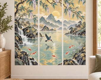 Asian Landscape Wall Decal with Koi Fish and Waterfalls | Triptych Vinyl Mural | Mountain Lake Bedroom Living Room Decor | Eco Solvent Ink