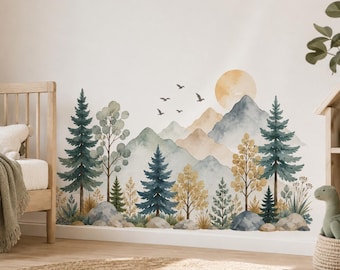 Watercolor Mountain Woodland Wall Decal | Forest Nursery Wall Mural | Kids Room Nature Decor | Vinyl Wall Sticker | Soft Baby Room Decor