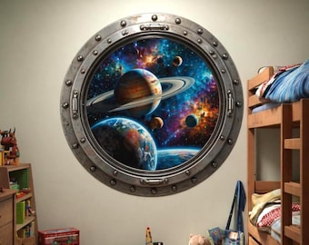 Space Porthole Wall Vinyl Decal | 3D Galaxy Planets Window Sticker | Sci Fi Spaceship Wall Art | Kids Room Teen Bedroom Decor