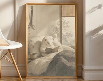 White Ferret Reading in Bed Poster | Japanese Zen Sumi-e Ferret Wall Art | Warm Ivory Fog Gray Decor | Minimalist Bedroom Print