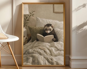 Sable Ferret Reading in Bed Poster | Modern Gouache Ferret Wall Art | Warm Beige Oat Milk Decor | Cozy Minimalist Bedroom Print