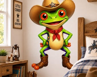 Weird Cowboy Frog Wall Vinyl Decal | Funny Western Frog Sticker | Cute Rodeo Animal Wall Art | Kids Room Nursery Ranch Decor
