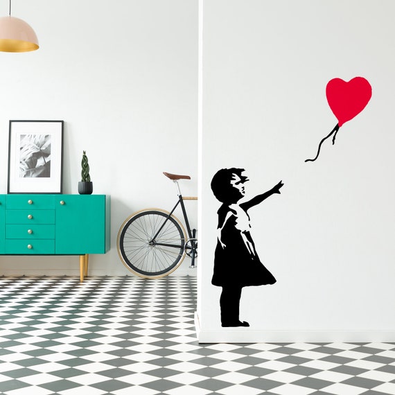 BANKSY STYLE GIRL WITH BALLOON heart shape Vinyl wall art room sticker decal 