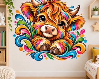 Colorful Highland Cow Wall Decal | Cute Cow Wall Sticker | Kids Room and Nursery Decor | Printed Vinyl Animal Wall Art | Kids Playroom Decor