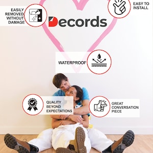 Peut inclure: L'image pr&eacute;sente le logo Decords avec un contour de c&oelig;ur rose et des ic&ocirc;nes indiquant des caract&eacute;ristiques telles que l'installation facile et l'&eacute;tanch&eacute;it&eacute;. Un couple s'embrasse, sugg&eacute;rant un th&egrave;me de d&eacute;coration int&eacute;rieure.