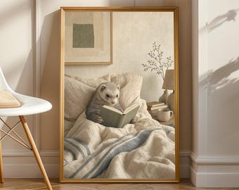 Silver Ferret Reading in Bed Poster | Scandinavian Gouache Ferret Wall Art | Warm Beige Oat Milk Decor | Cozy Nordic Bedroom Print
