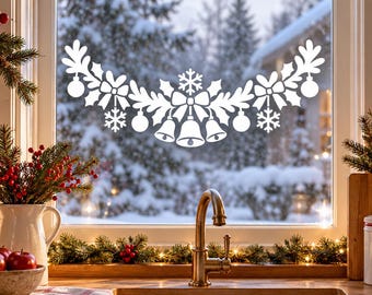Christmas Bells Window Decal | White Holiday Garland Vinyl Sticker | Snowflake Ornament Glass Decor | Kitchen Window Decoration Festive