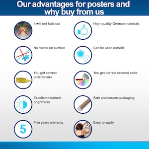 May include: A graphic with ten reasons why you should buy posters from this seller. The graphic features icons and text describing the benefits of buying from this seller, including high-quality German materials, a five-year warranty, and easy application.