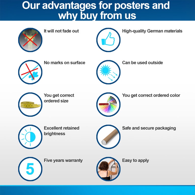 May include: A graphic with ten reasons why you should buy posters from this seller. The graphic features icons and text describing the benefits of buying from this seller, including high-quality German materials, a five-year warranty, and easy application.