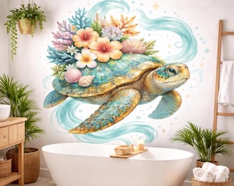 Sea Turtle Wall Decal | Tropical Floral Wall Sticker | Coastal Nursery Decor | Ocean Life Vinyl Art | Bathroom Wall Decor | Hibiscus Turtle