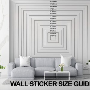 May include: A size guide for wall stickers with a white background and a series of black squares, each labeled with a measurement in inches and centimeters. The guide shows the different sizes available for wall stickers, ranging from 8 inches to 118 inches.