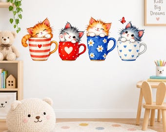 Cats in Teacups Wall Decal | Watercolor Kitten Wall Sticker | Cute Cat Nursery Decor | Kids Bedroom Playroom Vinyl Decor | Animal Wall Art