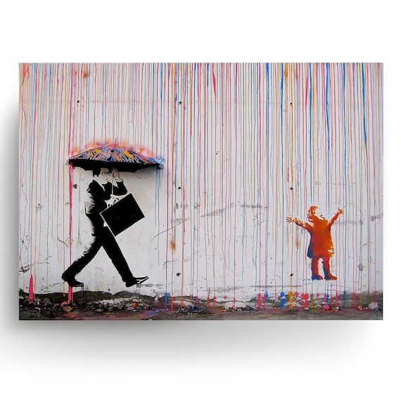 Banksy Art Rainbow Rain Picture Print - Banksy Wall Art