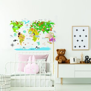 Kids World Map Wall Decal - Country Animal Room Decor Vinyl Sticker for ...
